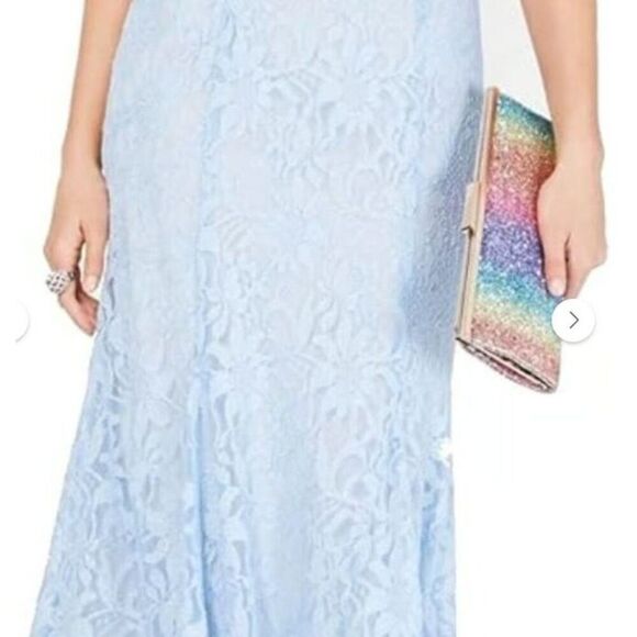 Morgan & CO. Blue V-Neck Glitter Lace Open Back Dress Size 7 NWOT - Picture 4 of 9